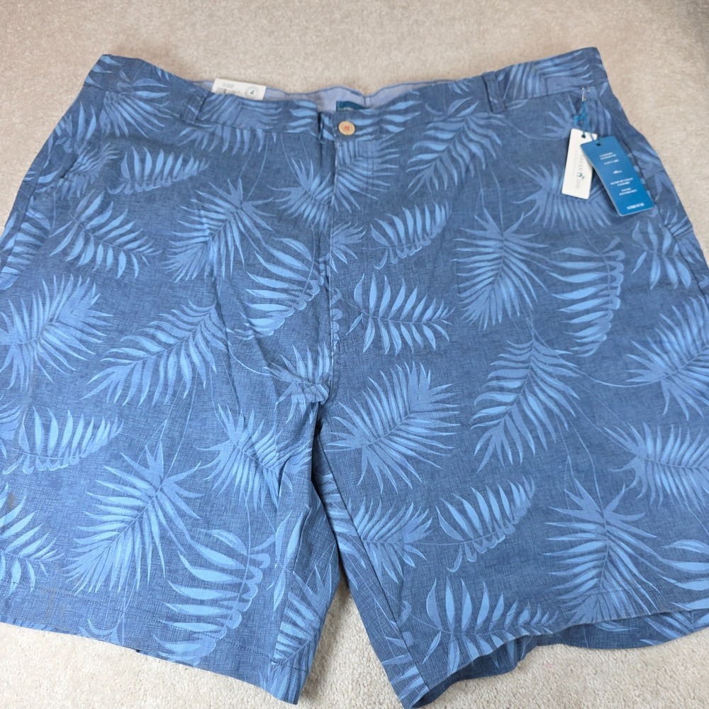 Caribbean Joe Shorts Mens 50 Blue Tropical Leaf Stretch Comfort Waistband NWT